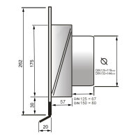 Edelstahl Abluftgitter LG Sigma-E DN 125 Inox V2A  Lamellengitter mit Rückstauklappe