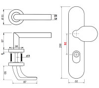 Edelstahl V2A Schutzbeschlag 1680 Wellington R Kombischutz HS-92 Kn/Dr Schraubrosette Türklinke